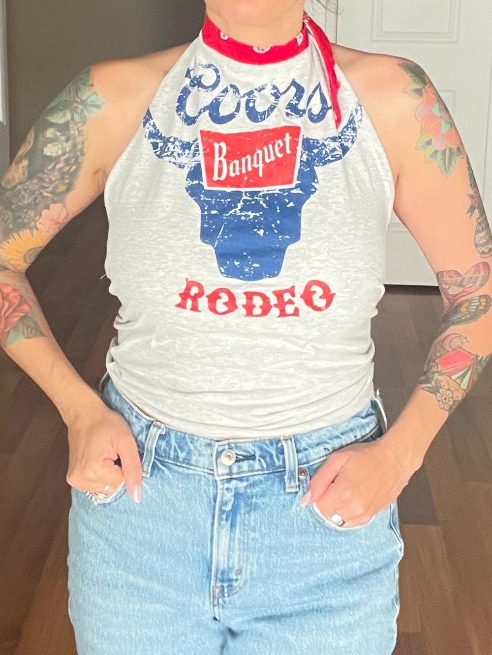Coors Banquet Rodeo western Halter Tank Top - grey, Blue & Red